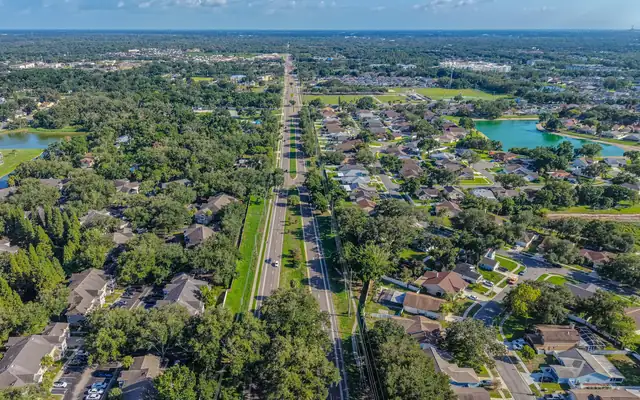 A suburb from the air, streets of houses among trees