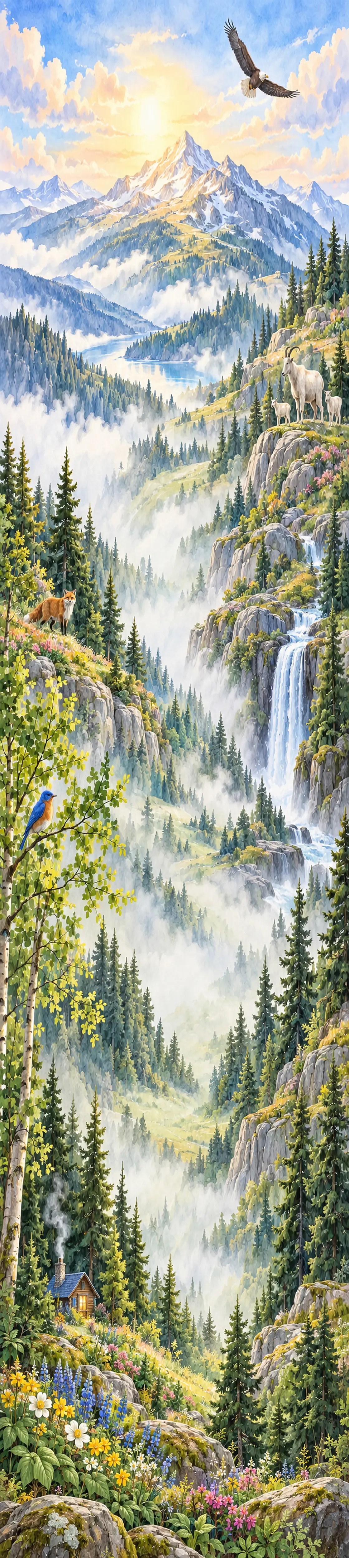 An illustrated trail climbing from a meadow toward a mountain, used behind the Keighbor home-selling pathway